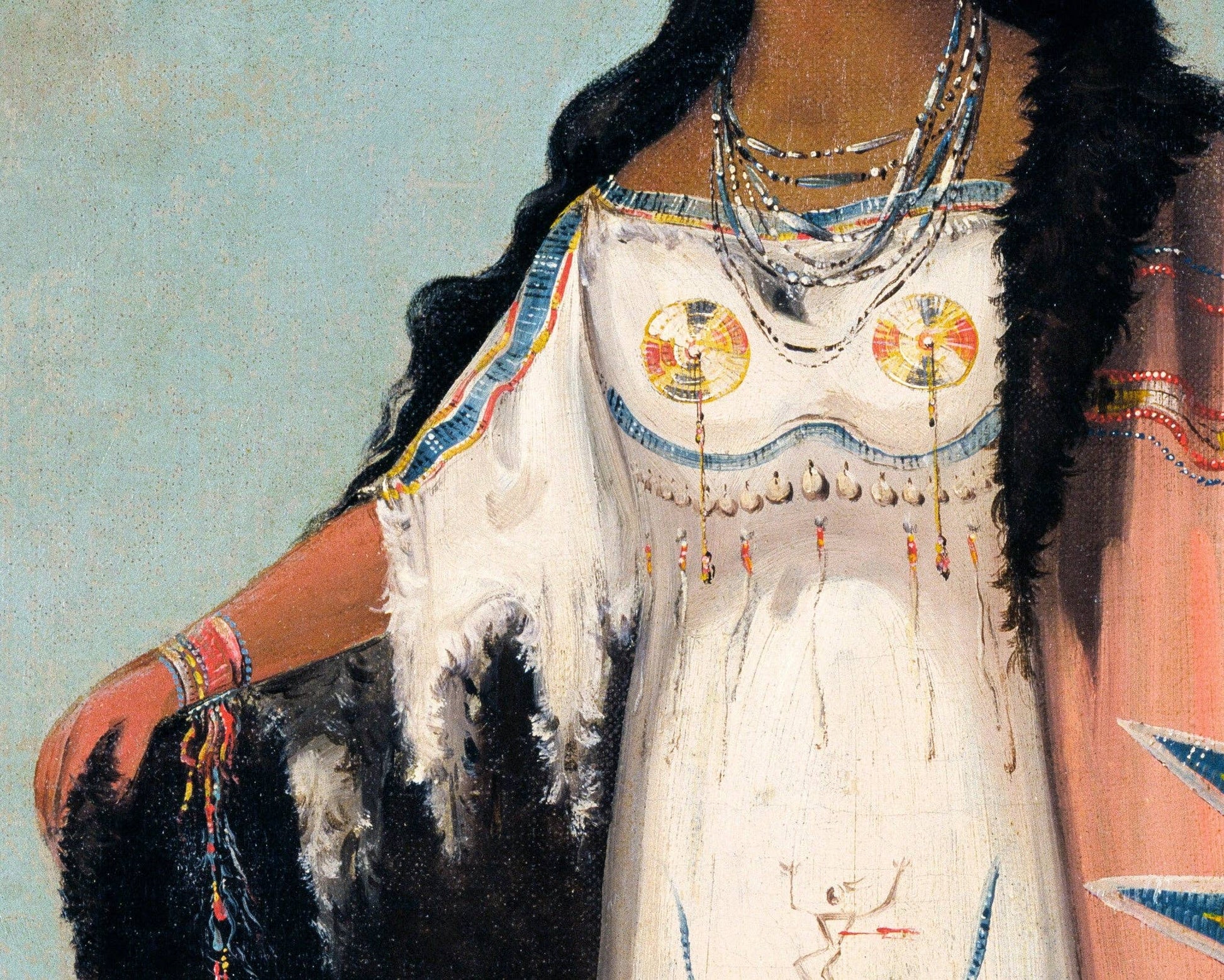 Traditional Native American attire with intricate beadwork and headdress against a light blue background