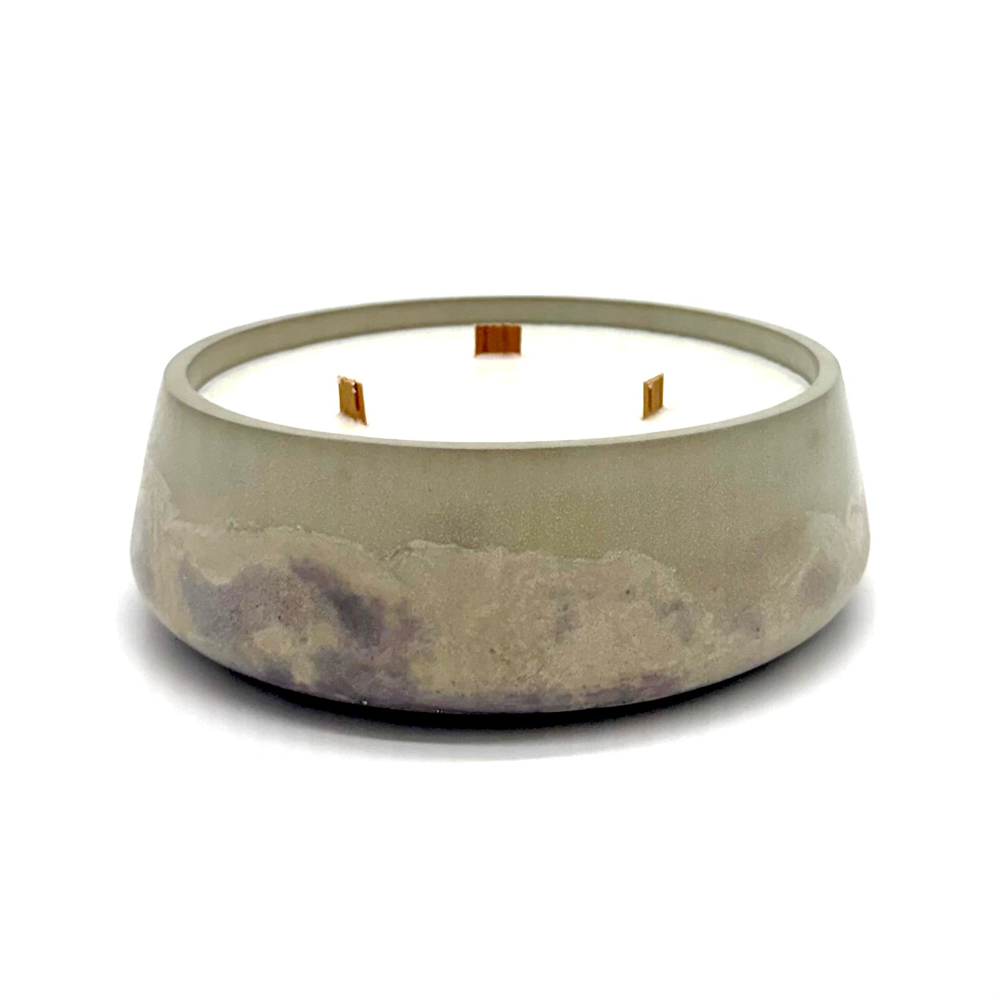 Cement-style candle holder with three wood wicks on a white background