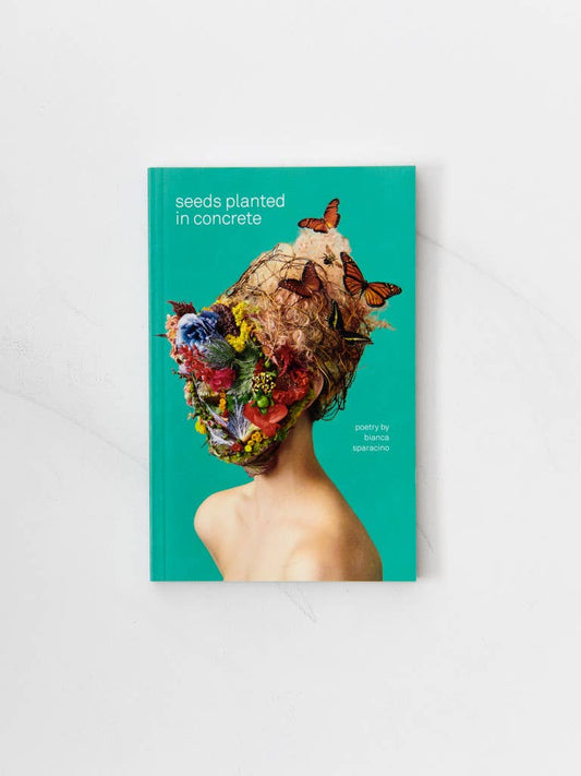 Book cover with a person's head covered in flowers and butterflies on a teal background
