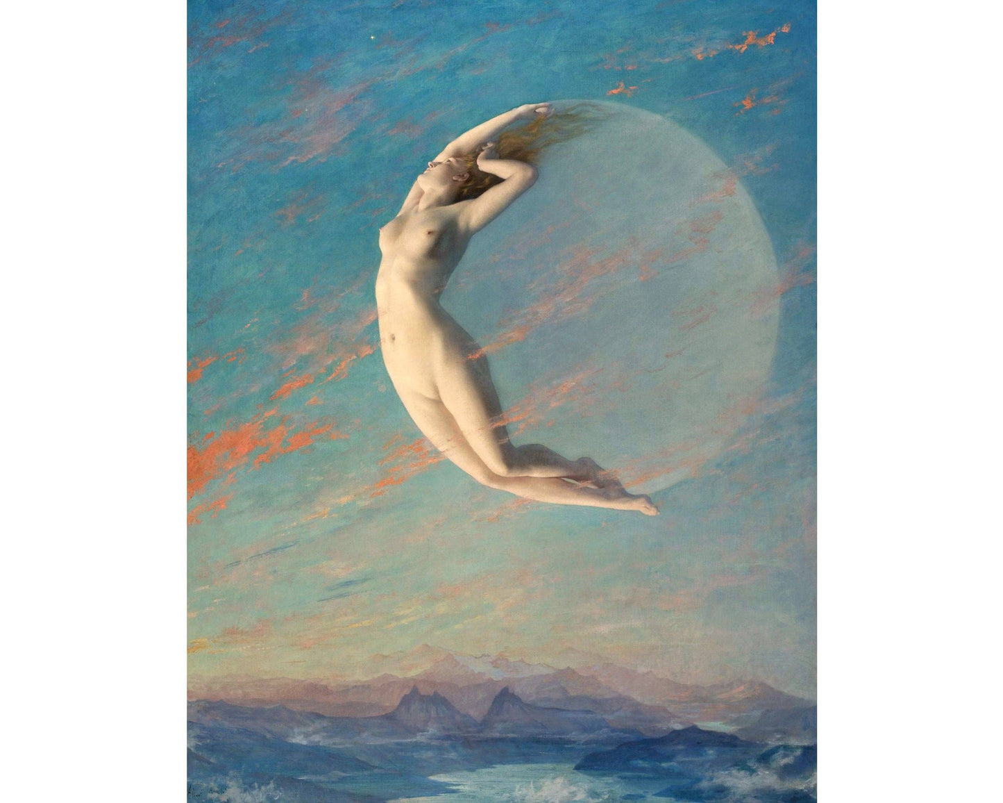 Nude figure floating above water with a large moon in the sky