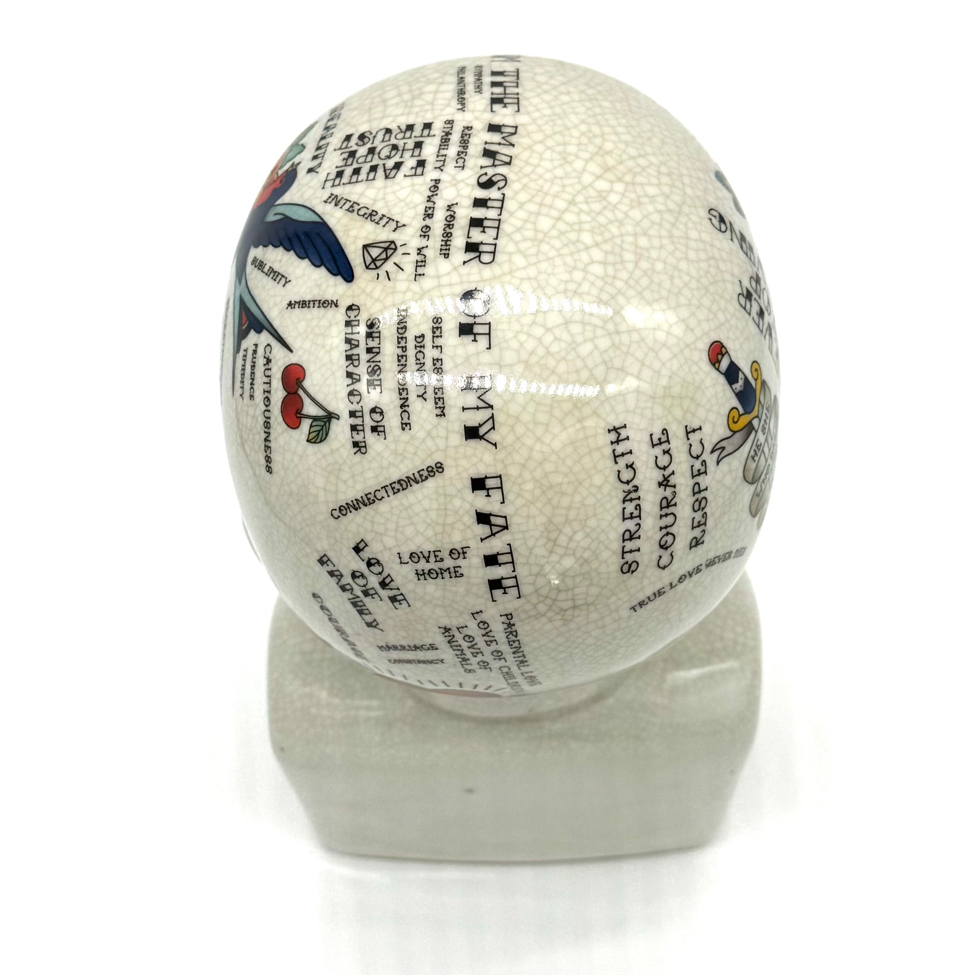 Decorative bust head with text and graphics on a white background