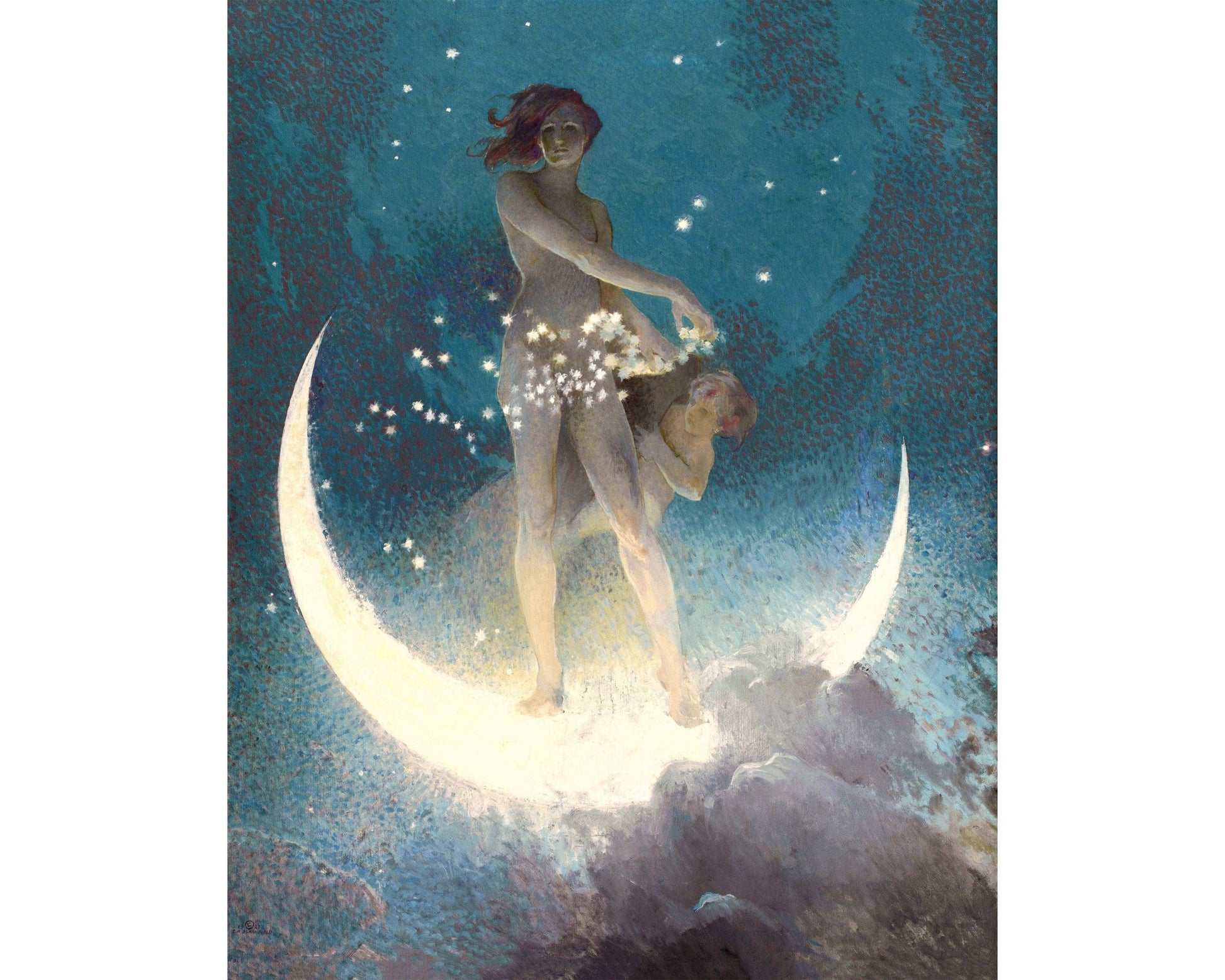 An illustration of a woman and child standing on a wet moon scattering stars.