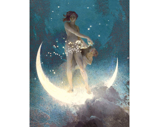 An illustration of a woman and child standing on a wet moon scattering stars.