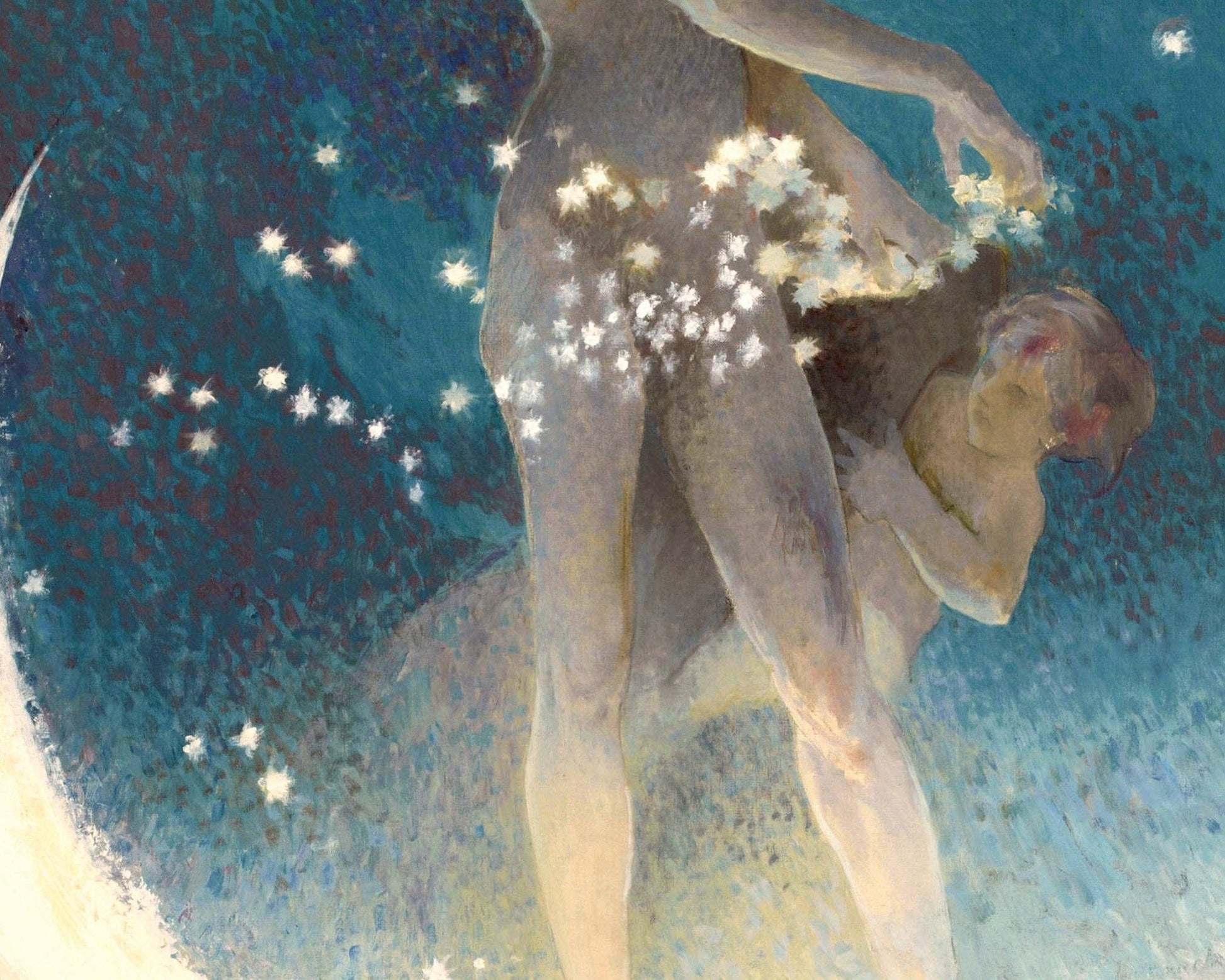 Artistic depiction of a nude figure holding stars against a starry night sky.