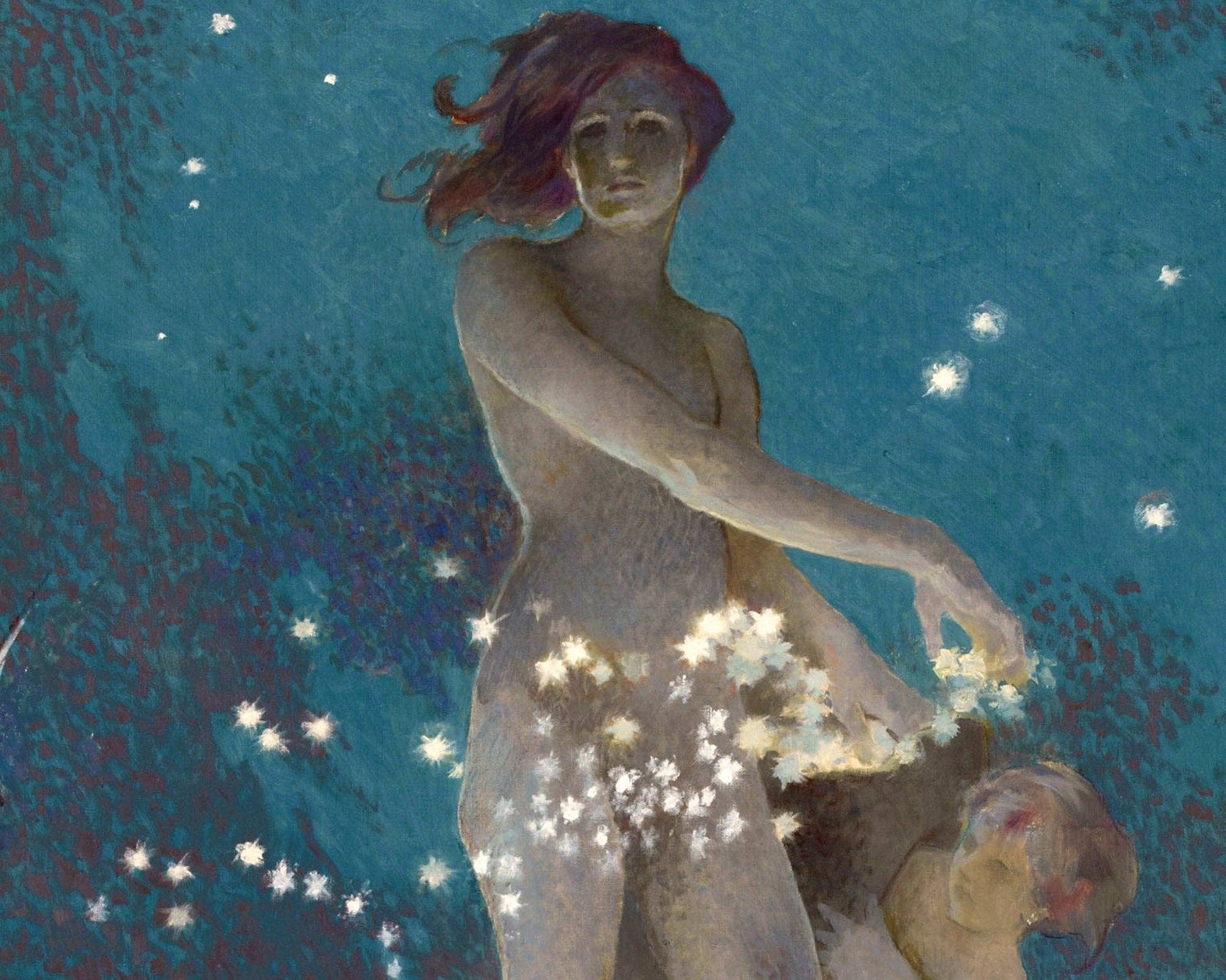 Artistic depiction of a nude figure scattering stars against a starry night sky.