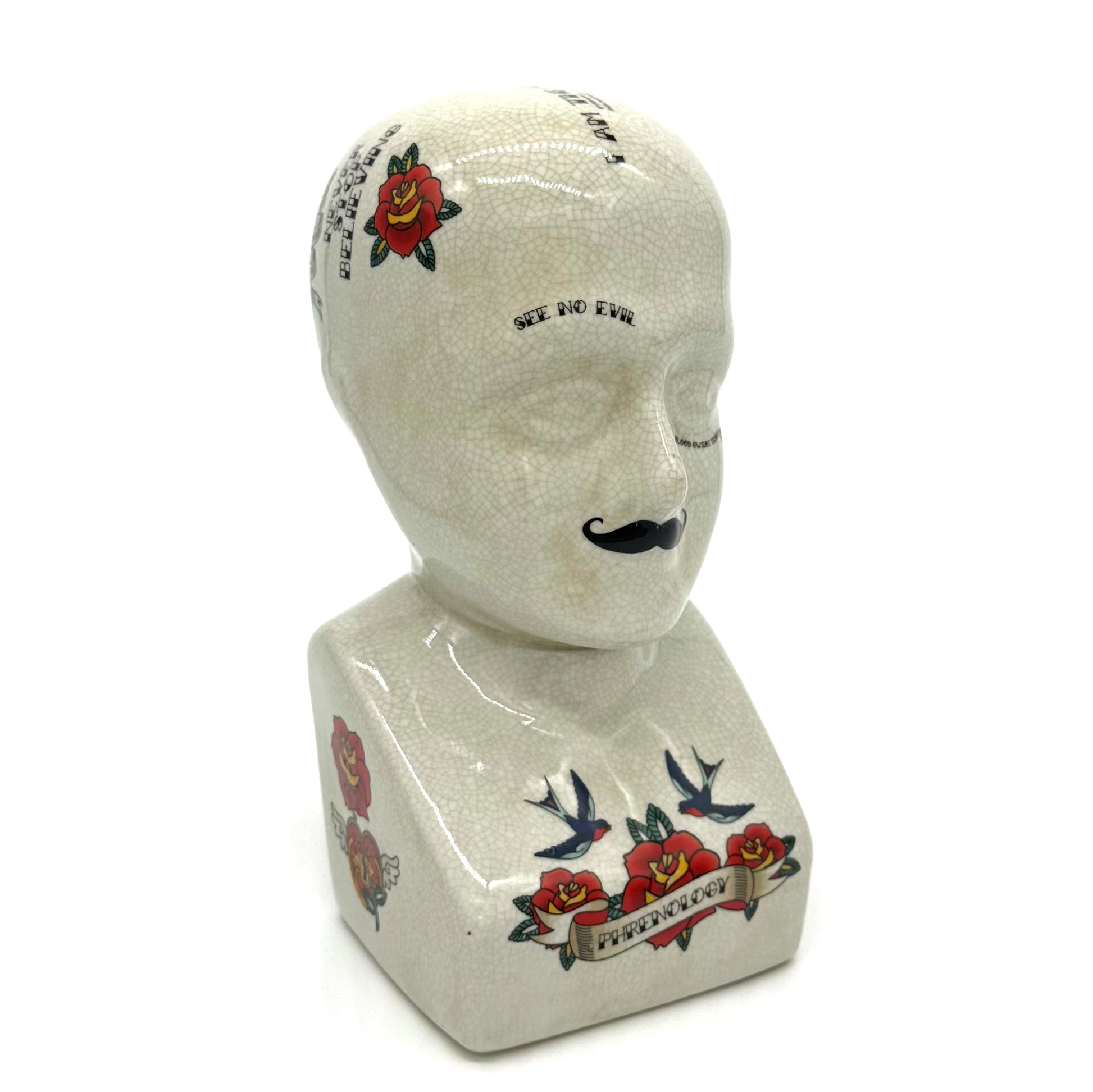 Decorative bust with tattoo designs on a white background
