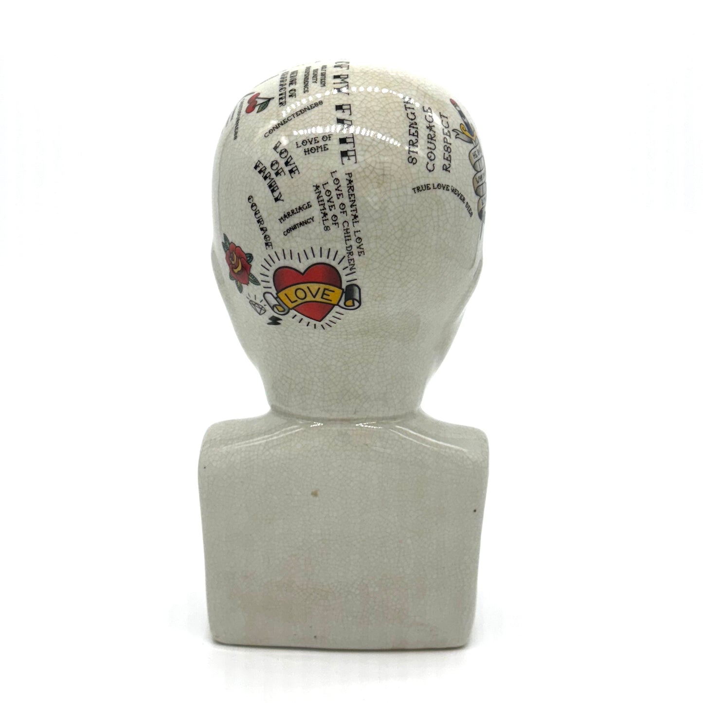 Mannequin head with tattoo-style designs on a white background