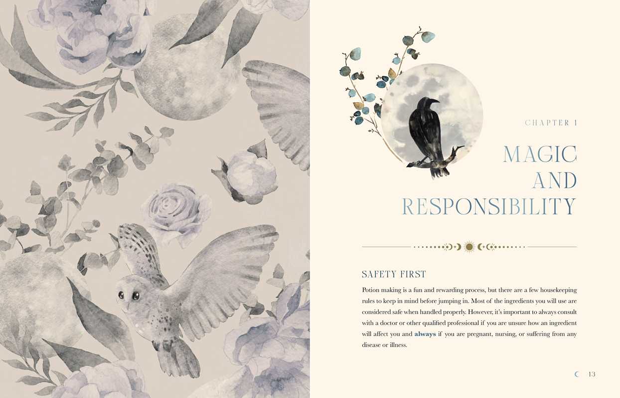 Book page with illustrations of birds and flowers, and text about magic and responsibility.