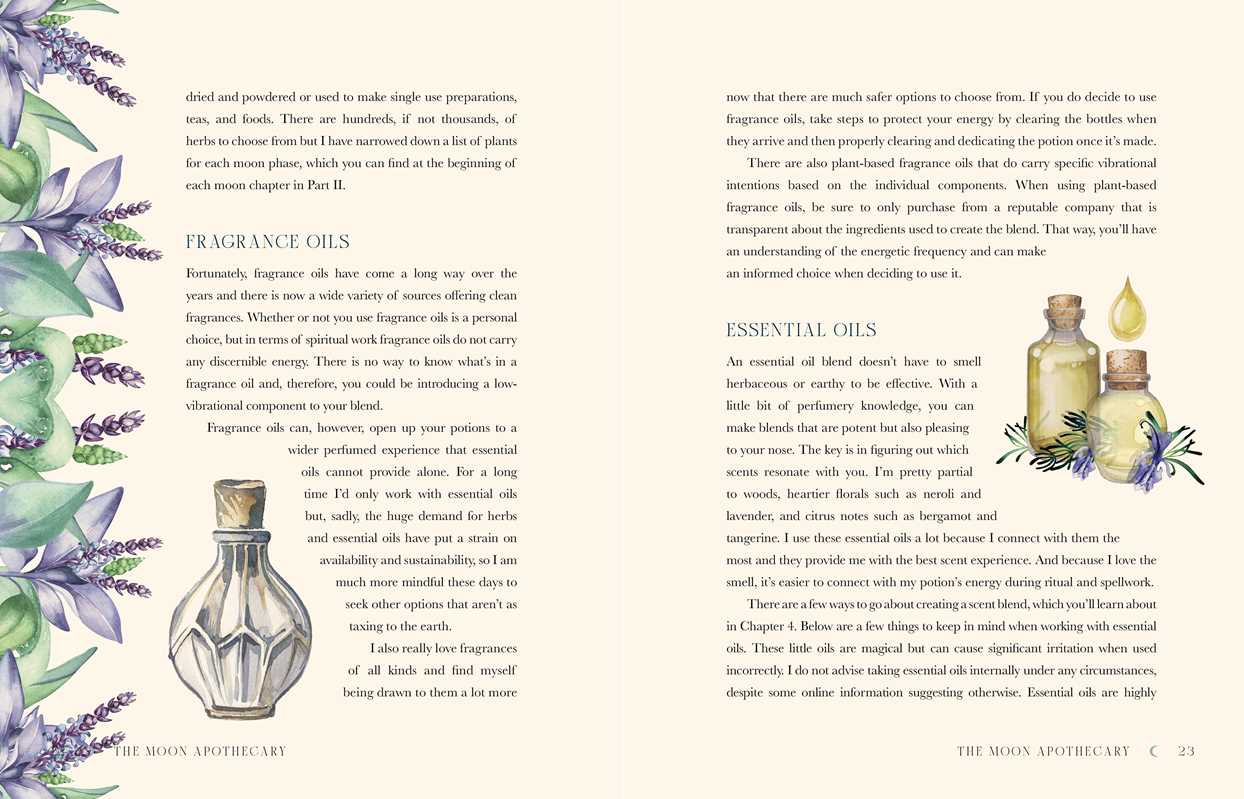 Book page with text about fragrance oils and essential oils, featuring images of bottles and lavender flowers.