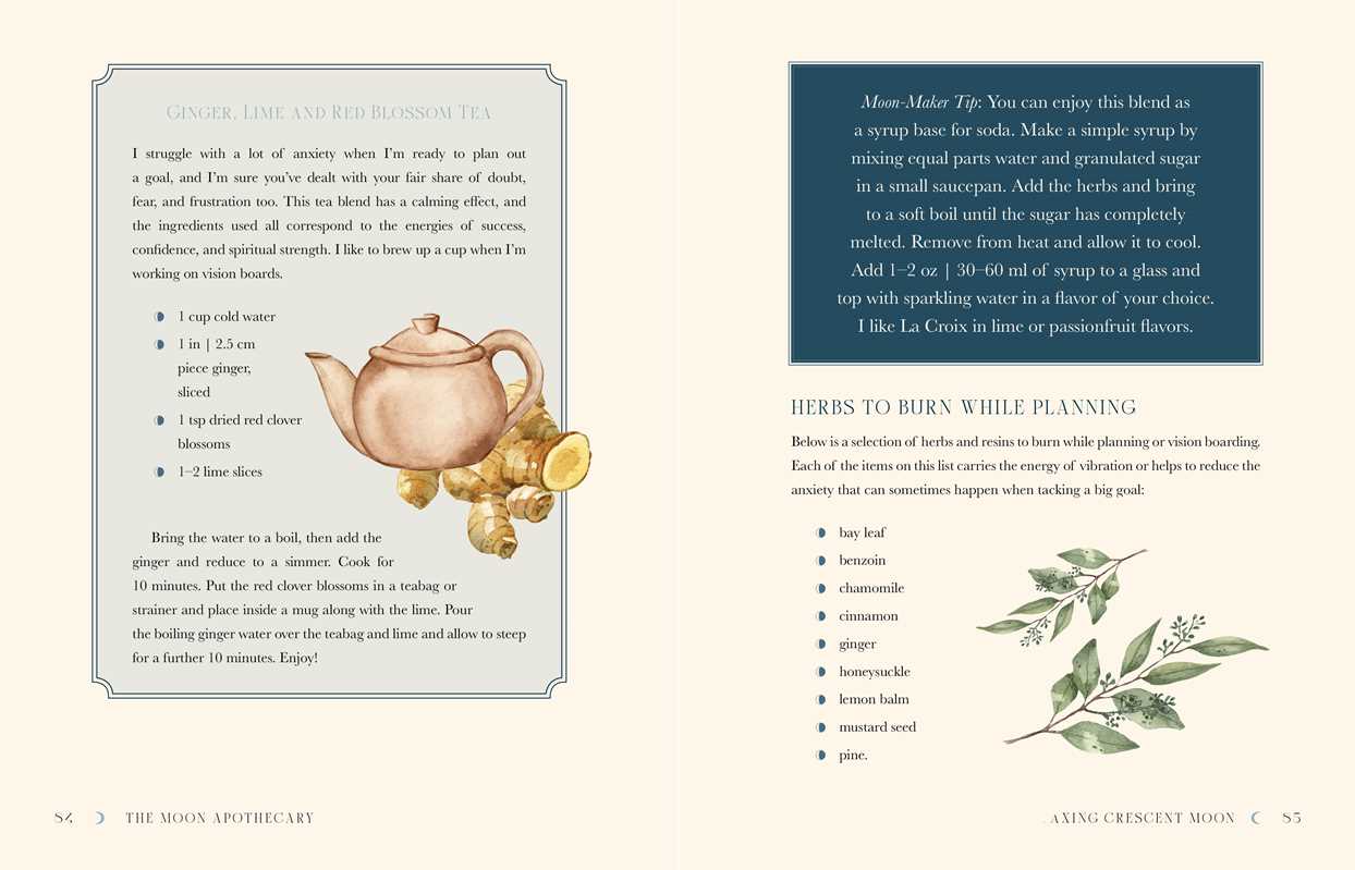 Page from a book with a recipe for a herbal tea, featuring a teapot illustration and text.