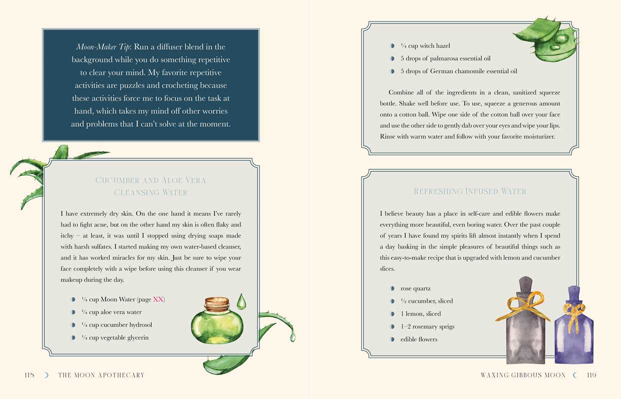 Pages from a book with text and small illustrations of bottles and leaves on a light background.