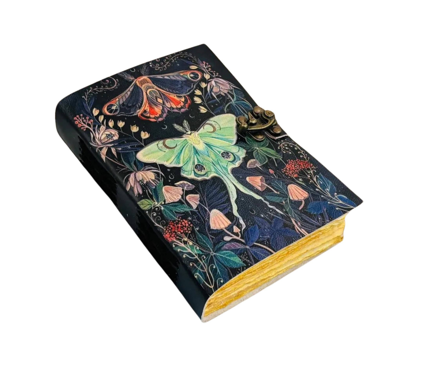Decorative notebook with luna moth and flower design on a white background