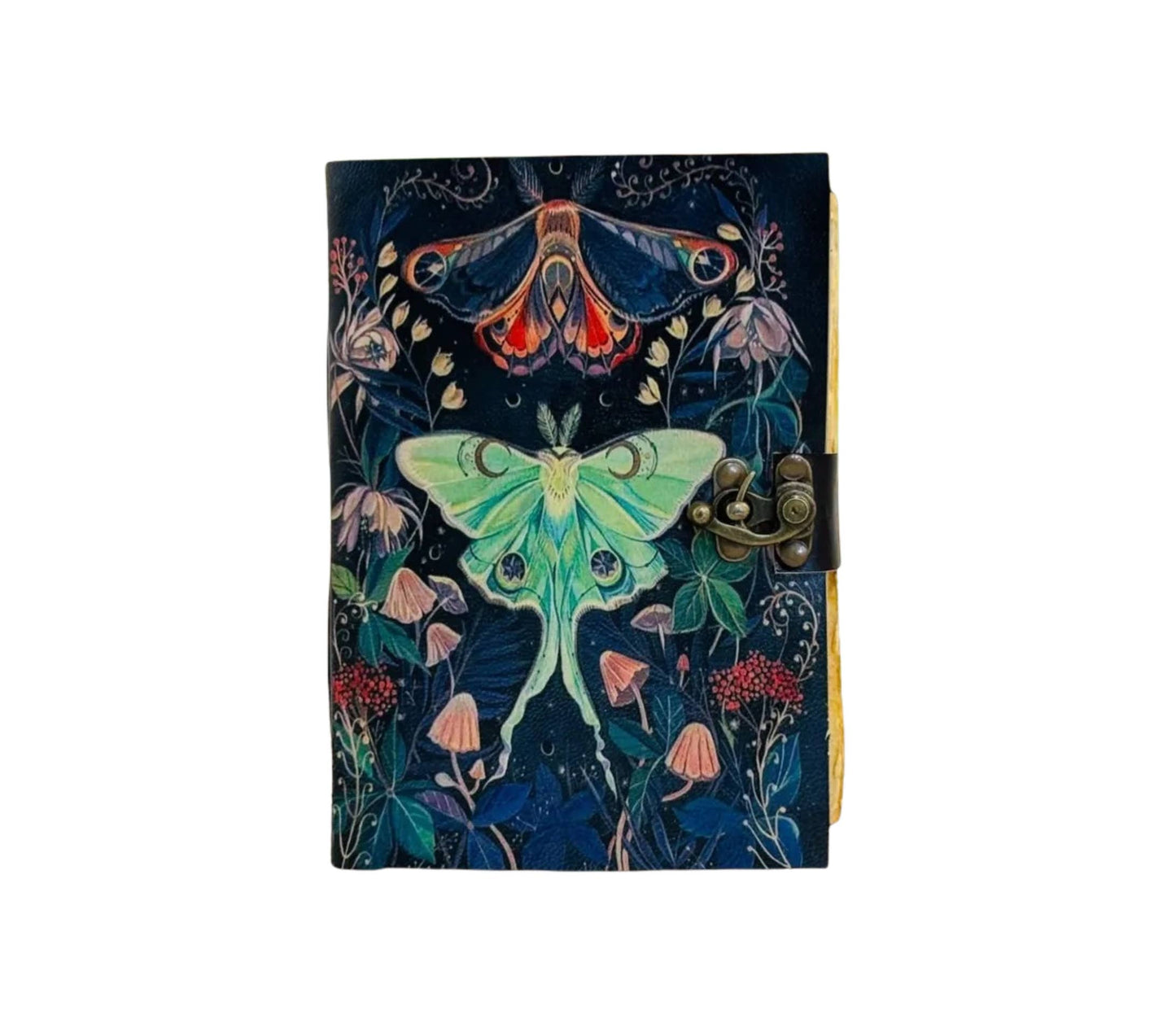 Notebook with a colorful floral moth design on a dark background