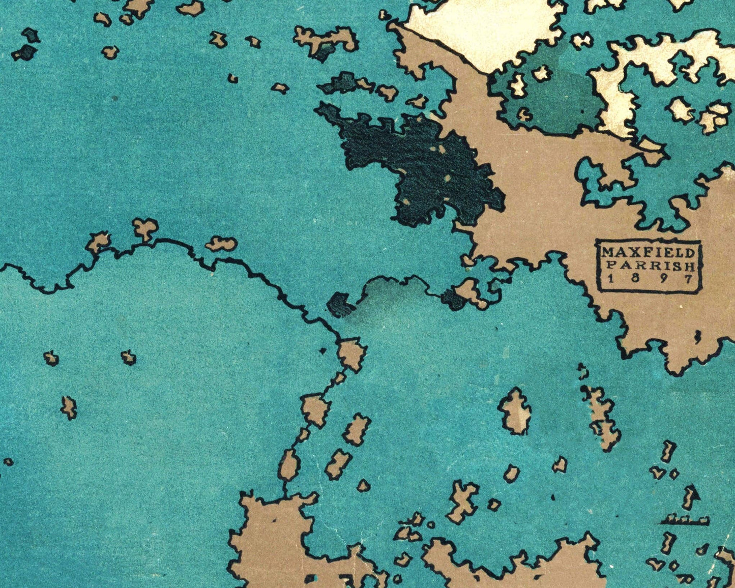 Illustration close up with Maxfield Parish 1897 with blue and brown.