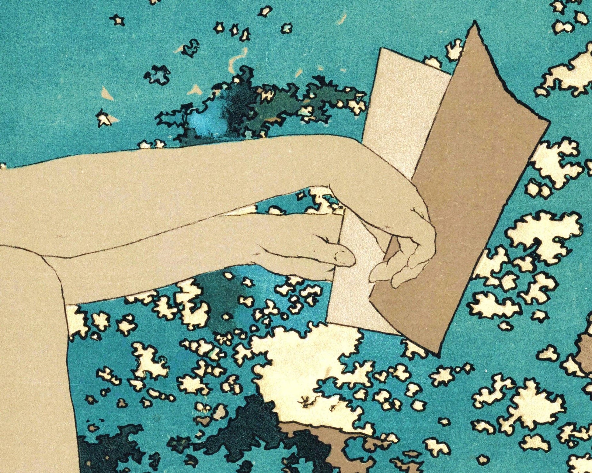 Illustration of a person holding a piece of paper against a blue background with white shapes