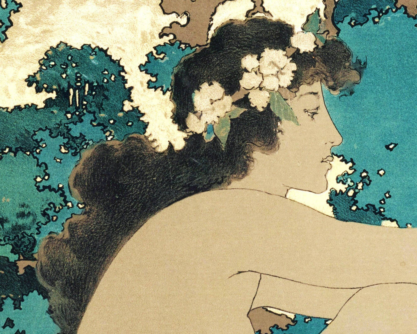 Close up illustration of a woman with floral hair accessories against a natural landscape.