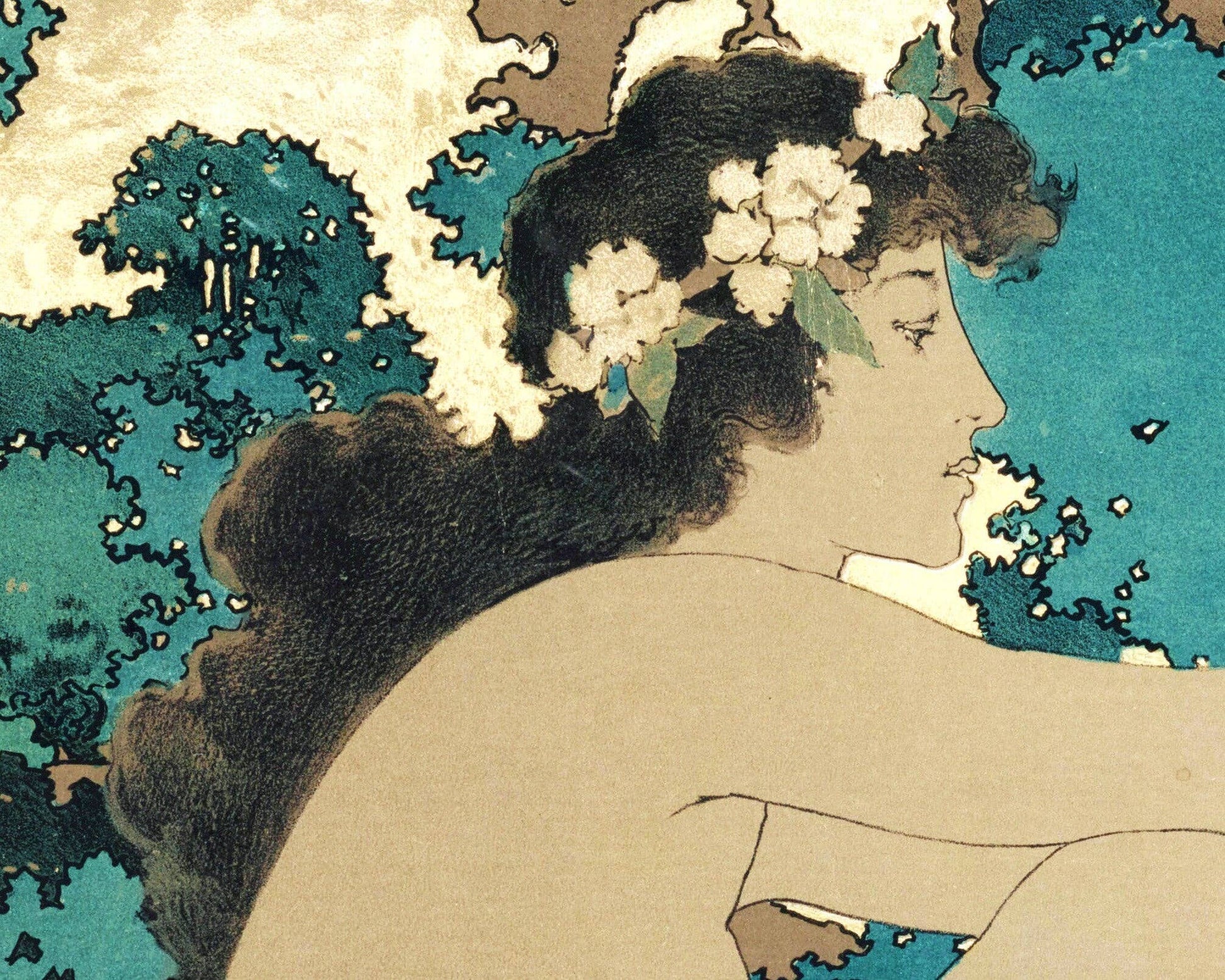 Close up illustration of a woman with floral hair accessories against a natural landscape.