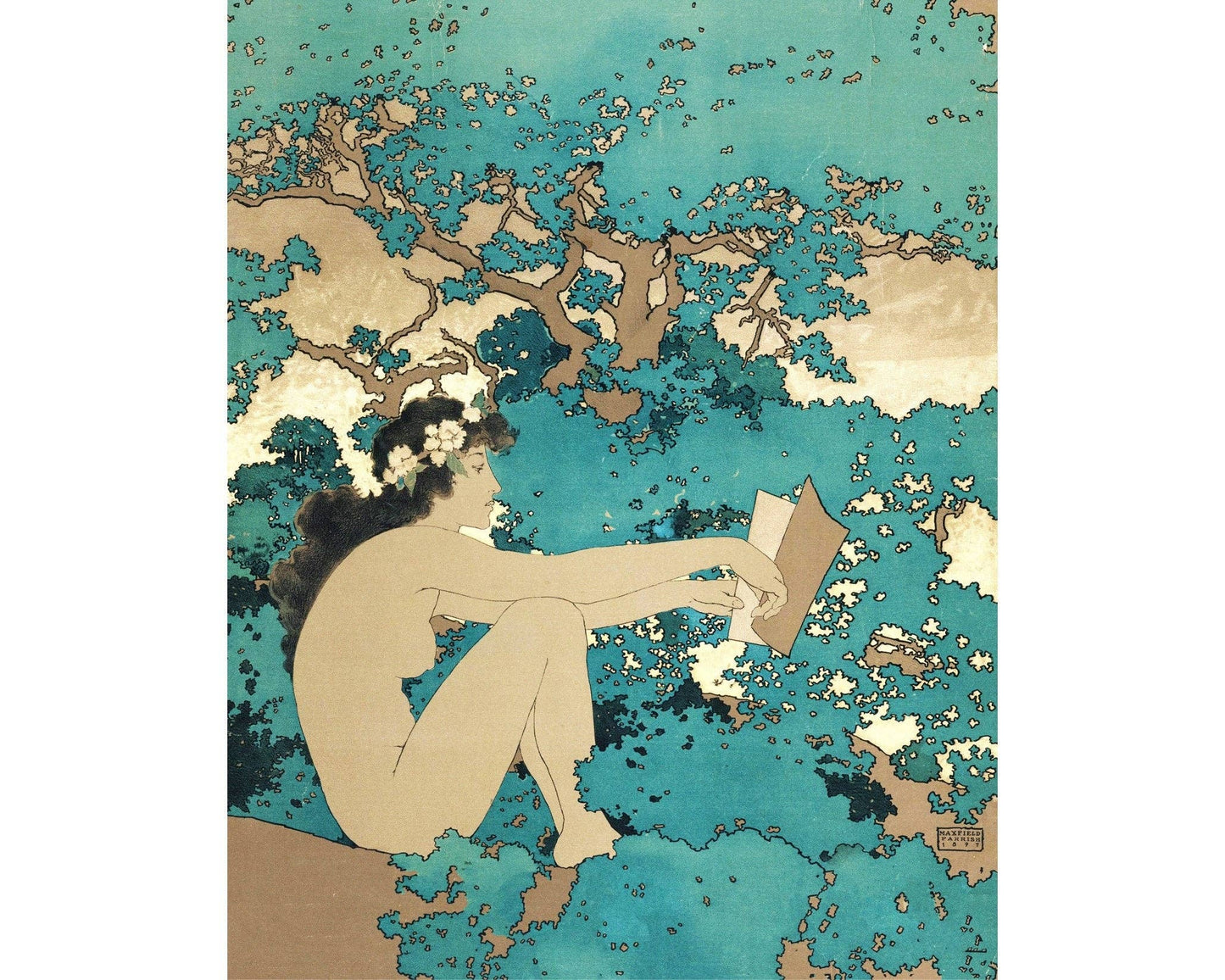 Artistic depiction of a woman reading a book against a textured blue and beige background