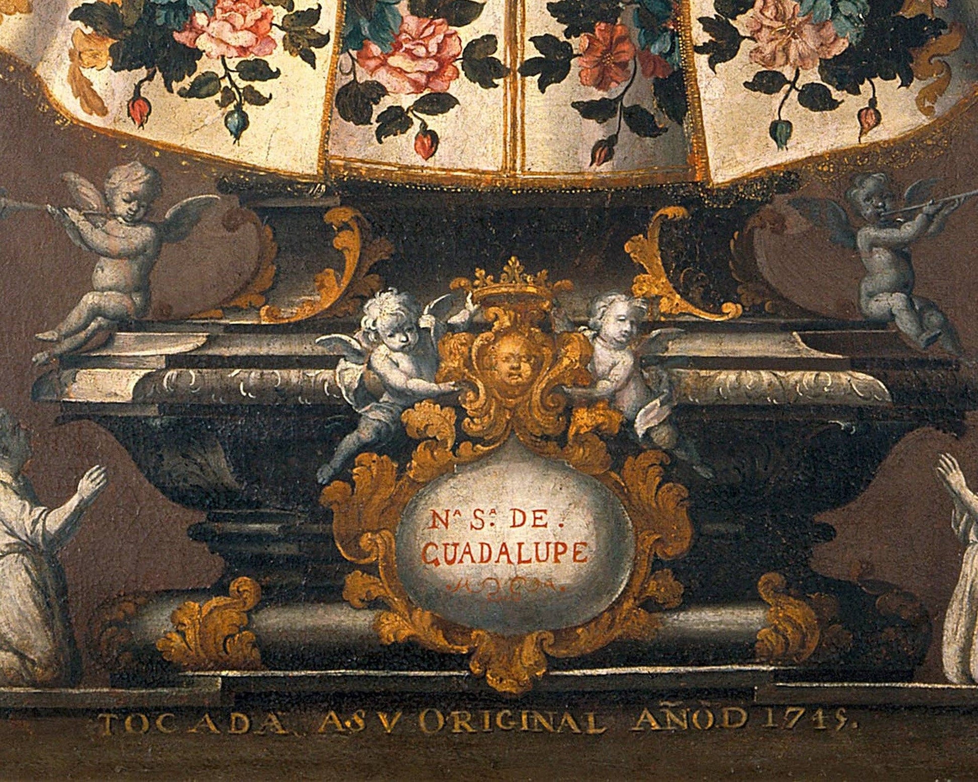 Decorative artwork with cherubs, flowers, and a central emblem featuring 'Nuestra Señora de Guadalupe' from 1749.
