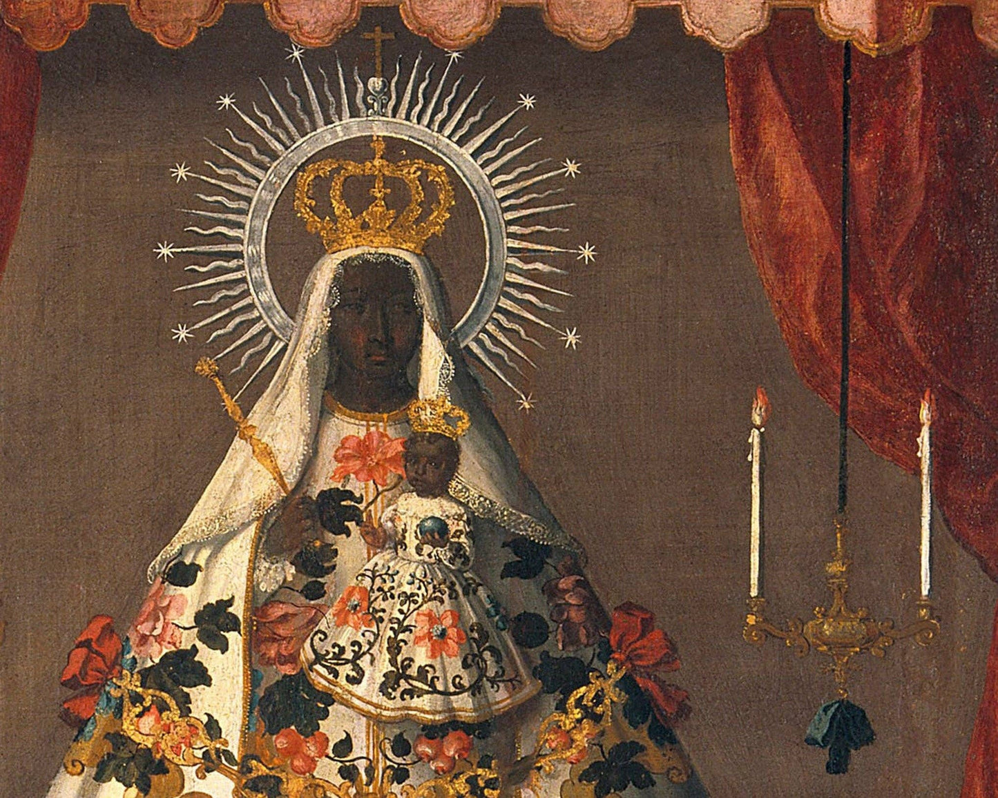 Decorative painting of a religious figure with a crown and floral attire, set against a dark background with red curtains.