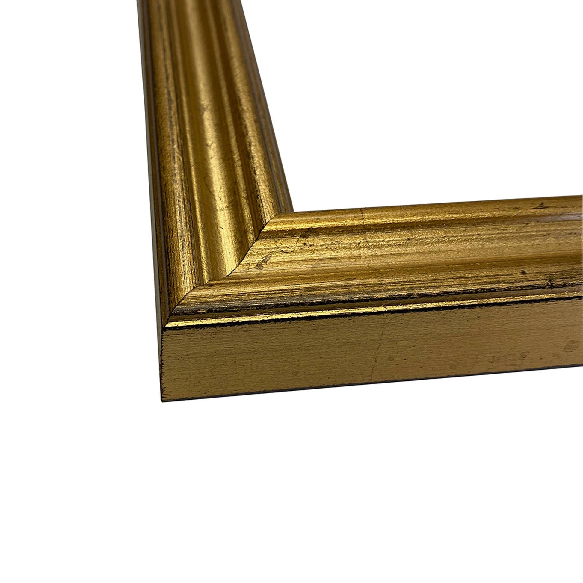 Close up of golden wooden frame on white background.