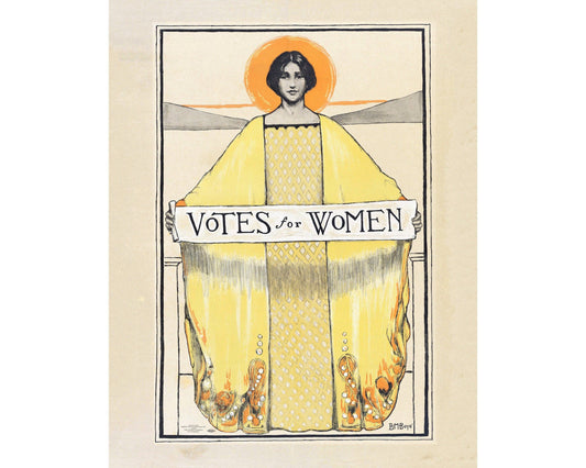 Vintage-style poster with a woman in a yellow dress holding a 'Votes for Women' banner.