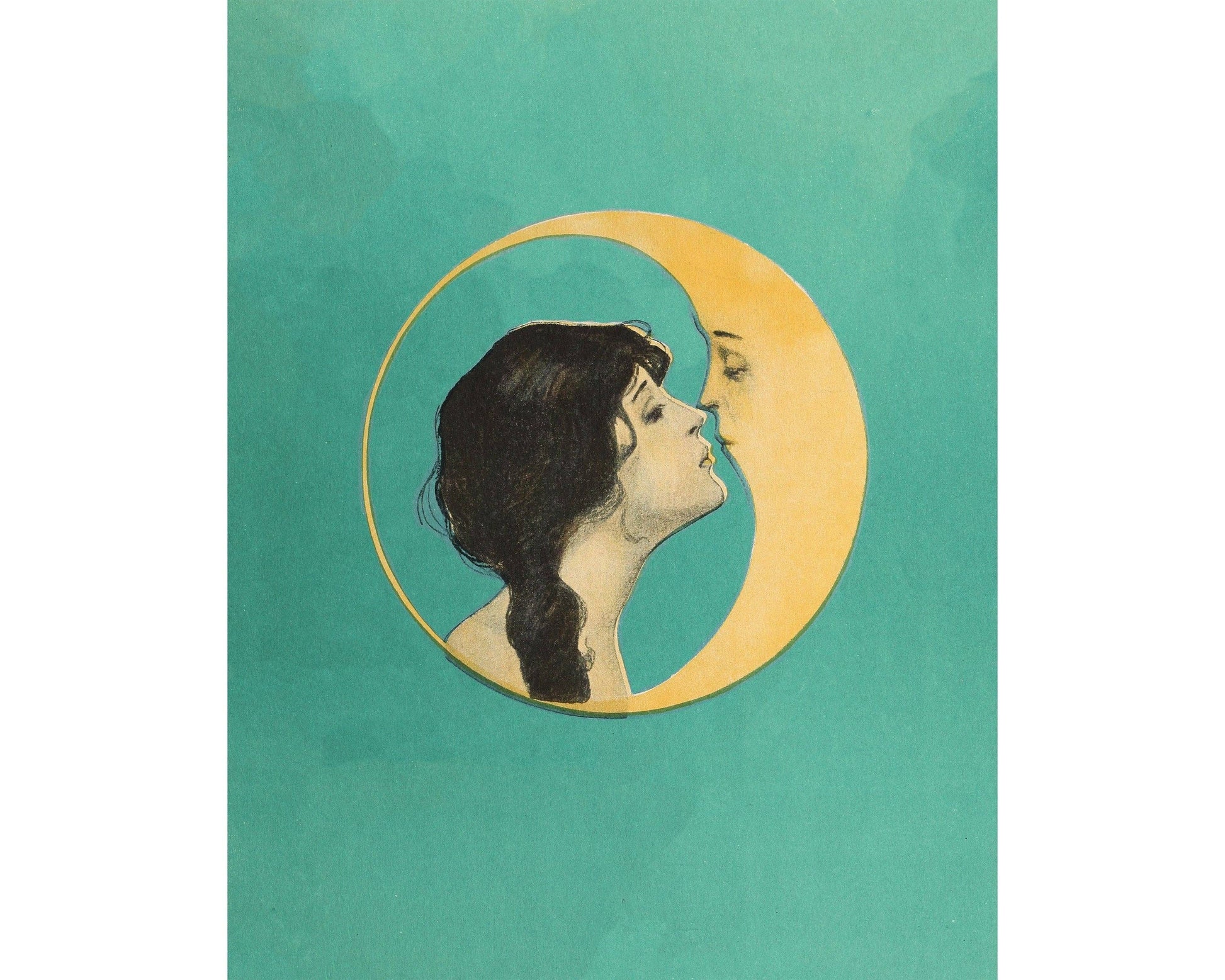 Illustration of a woman kissing the face of a crescent moon against a teal background.