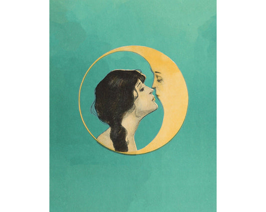 Illustration of a woman kissing the face of a crescent moon against a teal background.