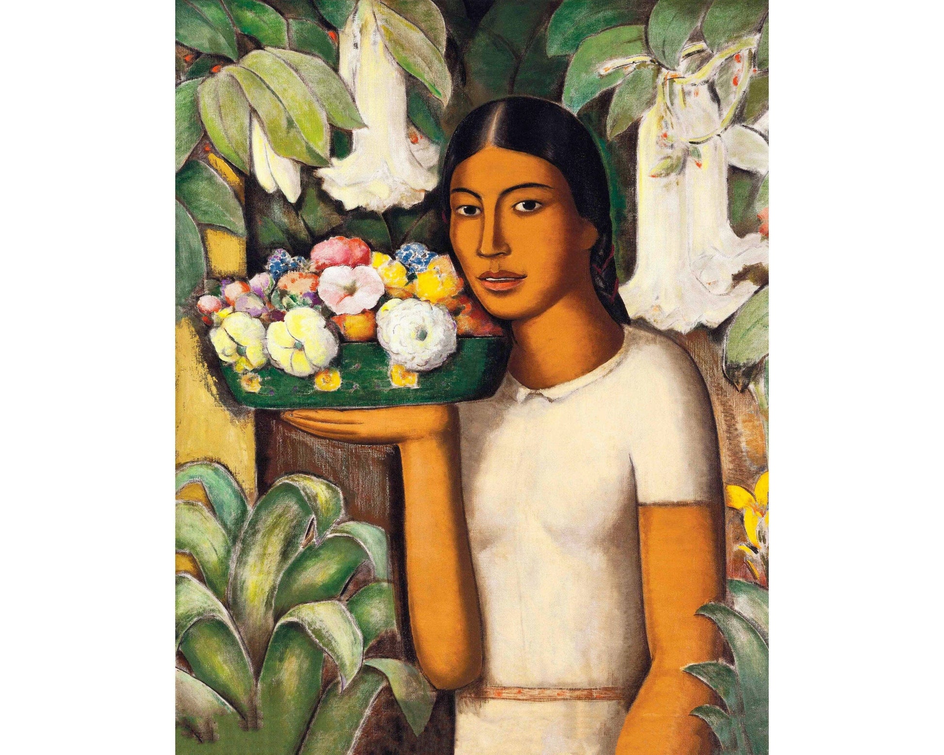 Artistic depiction of a woman holding a tray of flowers with a natural background
