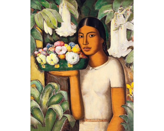 Artistic depiction of a woman holding a tray of flowers with a natural background